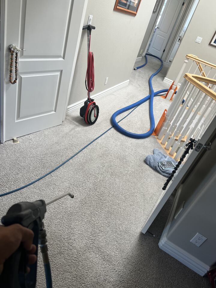 Carpet-cleaning equipment in use near an interior doorway